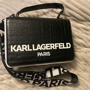 Karl Lagerfeld Black and White Crossbody Bag with Croc-Embossed Texture